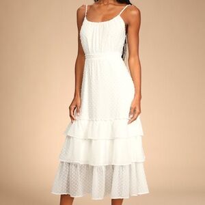 Lulus Tiers And Applause White Swiss Dot Tie-back Tiered Midi Dress - Size M